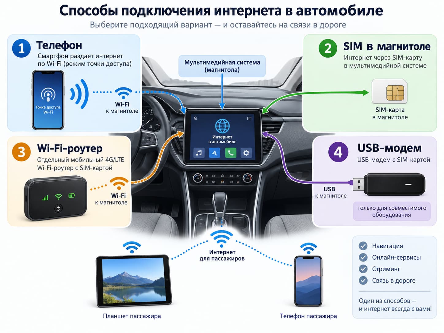 Способы подключения интернета в машине через телефон, SIM-карту, роутер и модем
